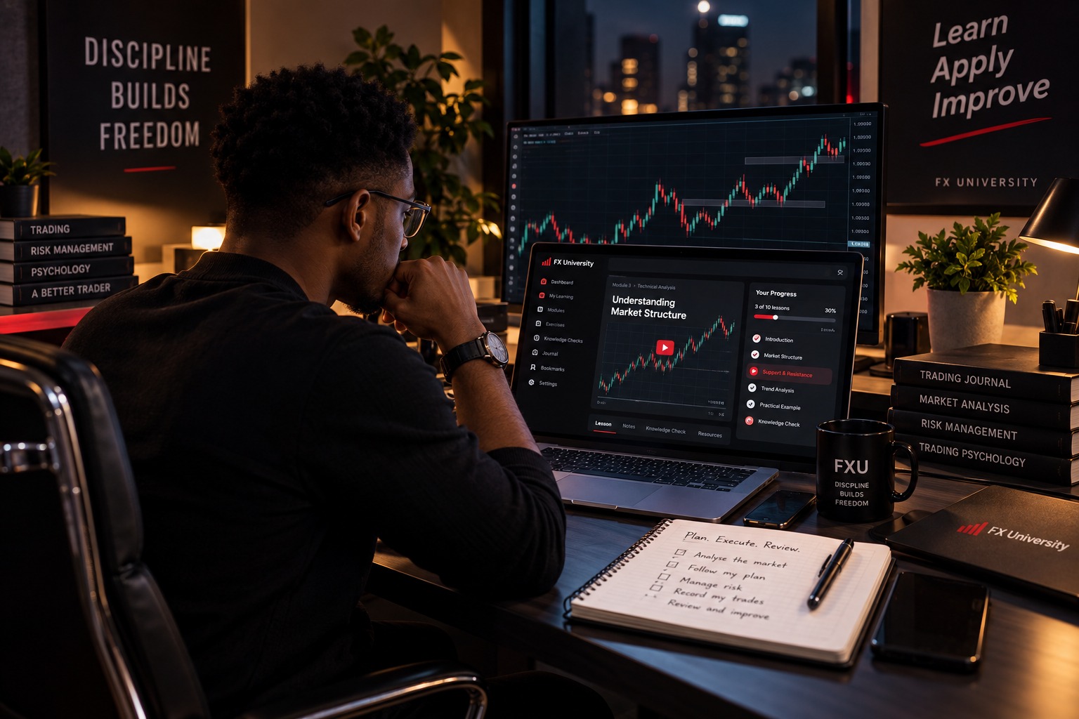 A modern Forex trading workspace at dusk — a laptop showing clean chart analysis on a desk with a notebook and coffee cup