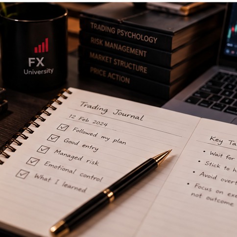 A close-up of a trading journal notebook open beside a laptop showing a chart, with a pen resting across the page