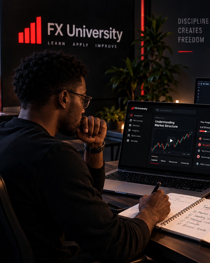 A learner at a multi-monitor desk reviewing Forex charts, with a notebook and coffee mug nearby